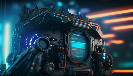 Futuristic spaceship interior. 3d rendering toned image double exposureの素材