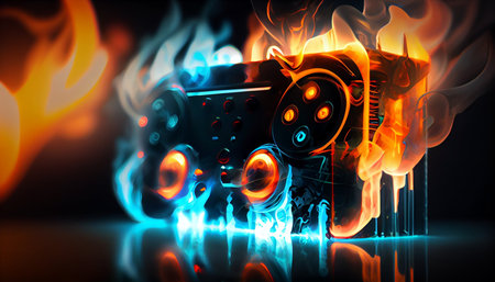 3d illustration of a boombox in flames. 3d renderingの素材