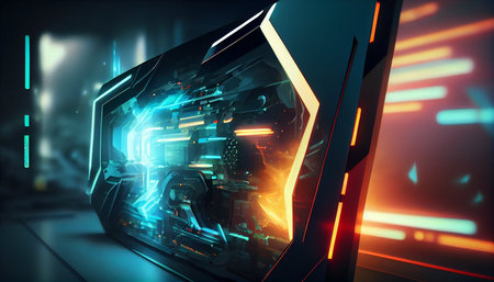 Futuristic cyberspace background with neon lights 3D renderingの素材