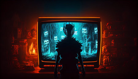 Halloween theme: Scary ghost in front of a TV screen.の素材