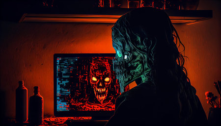 Halloween concept. Scary zombie man with computer in the dark room.の素材
