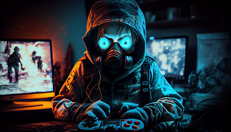 Portrait of a man in a gas mask playing a video game.の素材