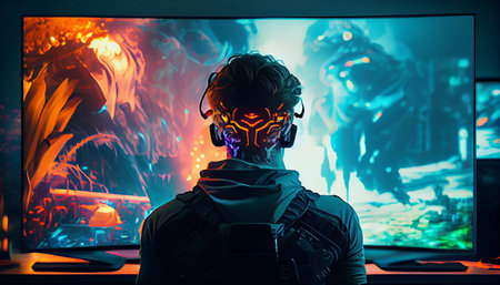Portrait of a male cyborg on the background of the screen of a computer. The concept of cyberpunk.の素材