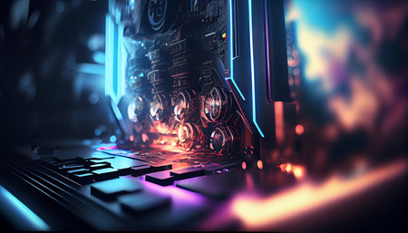 3D rendering of a futuristic user interface in a dark space.の素材