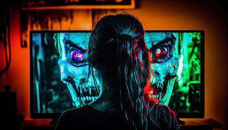 A girl in a dark room with a computer monitor in her hands.の素材