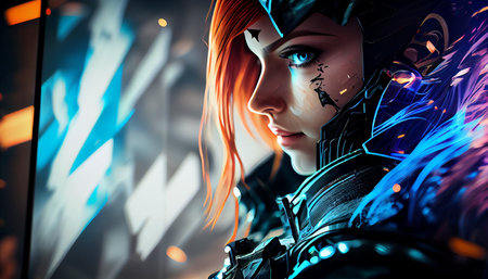 Close-up portrait of a female cosplay hero. Futuristic style.の素材