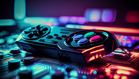 Close up of a gaming controller on the motherboard of a computer.の素材
