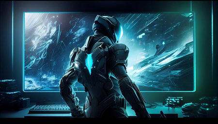 Cyborg standing in front of a monitor. Mixed media. Mixed mediaの素材