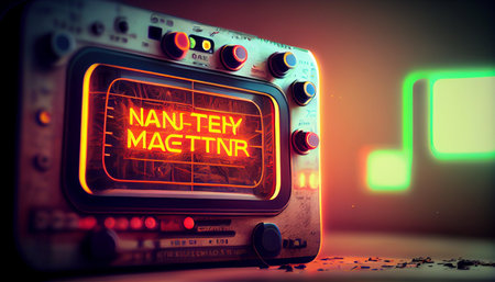 Neon vintage radio in the dark. 3D illustration. Retro style.の素材