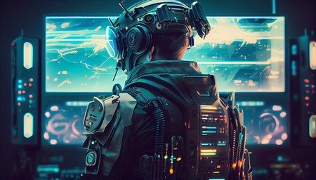 Portrait of a male robot in a virtual reality helmet. Future technology concept.の素材