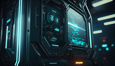 Dark blue spaceship interior with glowing HUD interface. 3D Renderingの素材