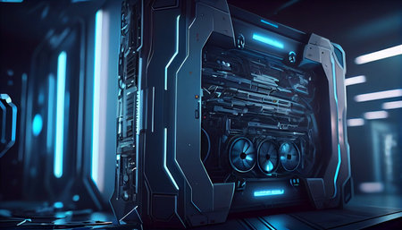 3D rendering of a futuristic server room with a nice blue glowの素材