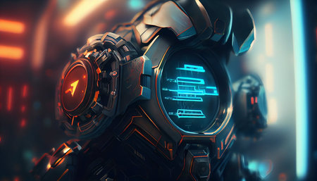 3D rendering of a futuristic cyborg in space. 3D illustration.の素材