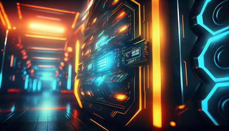 Dark futuristic corridor with glowing neon lights. 3d rendering toned imageの素材