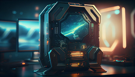 Spaceship interior with glowing neon lights. 3D Renderingの素材