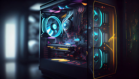 Futuristic black server with colorful lights. 3D Renderingの素材