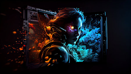 Cyberpunk style portrait of a girl in front of a computer monitorの素材