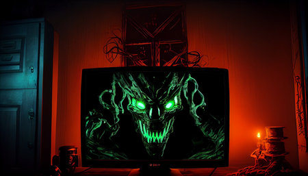 A computer monitor with a scary monster face in the dark room.の素材