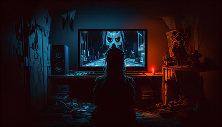 Horror scene with a silhouette of a man sitting in front of a computer monitor.の素材