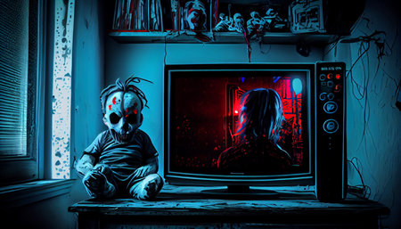 Creepy monster in front of computer screen. Halloween concept.の素材