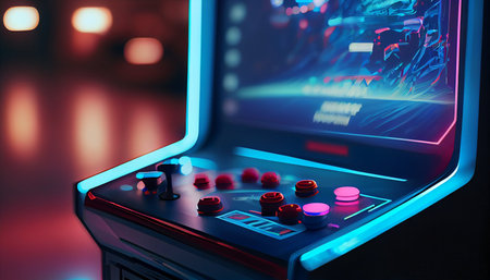Retro arcade gamepad in neon light. 3D Renderingの素材