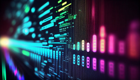 3d render of abstract technology background with binary code on display.の素材