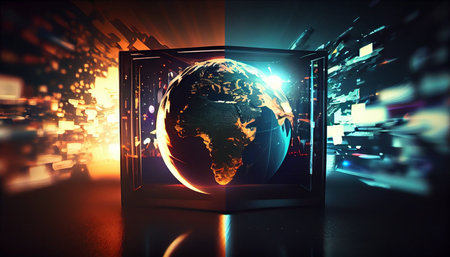 3d rendering of planet earth in box on abstract technology background.の素材