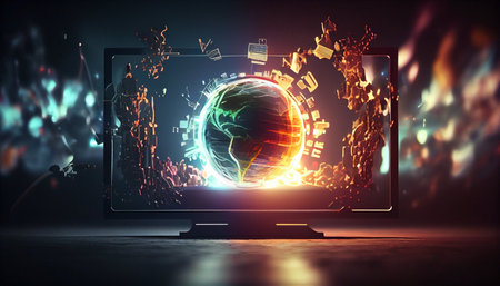 Glowing globe hologram on computer screen. 3d rendering toned image double exposureの素材