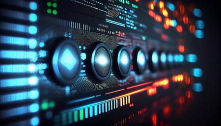 3d illustration of a powerful audio player with blue and red lightsの素材