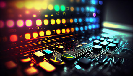 Electronic circuit board with colorful lights. 3d illustration. Technology conceptの素材