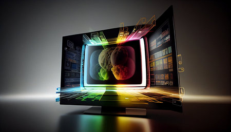 Digital illustration of human brain in digital screen against black background with vignetteの素材