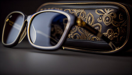 Sunglasses in a black leather case on a dark background.の素材