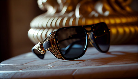 Sunglasses with black lenses in an iron frame on a light backgroundの素材