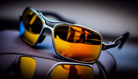 Sunglasses in an iron frame with yellow lenses on a dark backgroundの素材