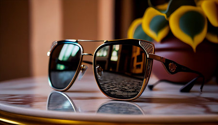 Sunglasses on the table. Selective focus. Shallow depth of field.の素材