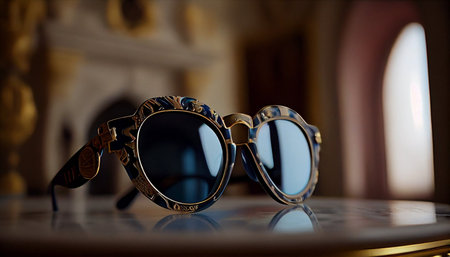 Stylish sunglasses on the table in the interior of the room.の素材