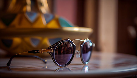 Sunglasses with dark glasses on a table in a cafe.の素材