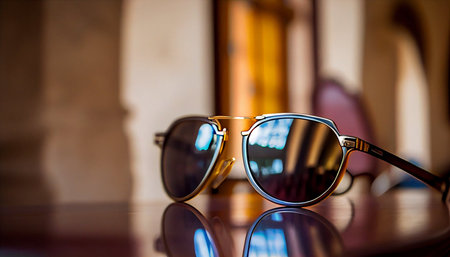 Sunglasses with brown lenses in an iron frame on a wooden tableの素材