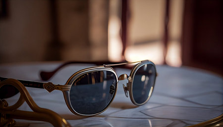 Sunglasses on a table in a cafe. Selective focus.の素材