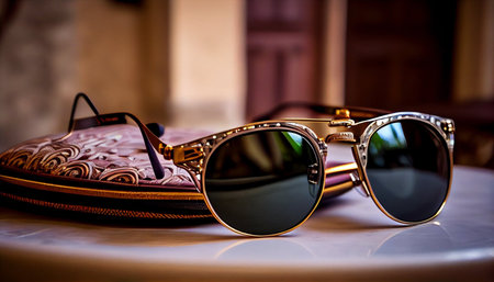 Sunglasses on a table in a cafe. Selective focus.の素材