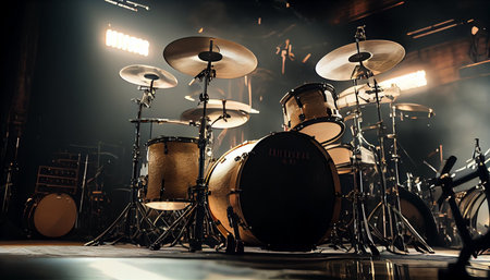Drum set on stage in the light of a spotlights.の素材
