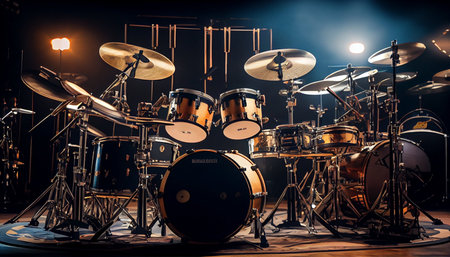 Drum set on stage in a recording studio. Musical instruments.の素材
