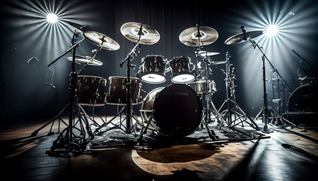 Drum set on stage with spotlights and smoke. Live music concept.の素材
