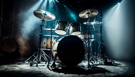 Drum set on stage in a dark room with smoke and spotlightsの素材