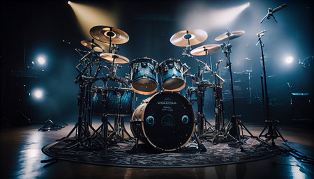 Drum kit on stage in a dark room with lighting and smokeの素材