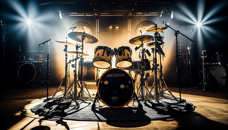 Drum set on stage in a dark room illuminated by spotlightsの素材