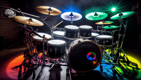 Drum kit on stage in a dark room illuminated by neon lightsの素材
