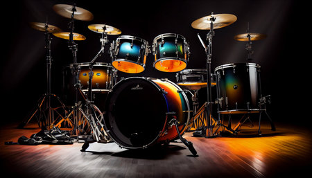 Set of drums and cymbals on a dark background with smokeの素材