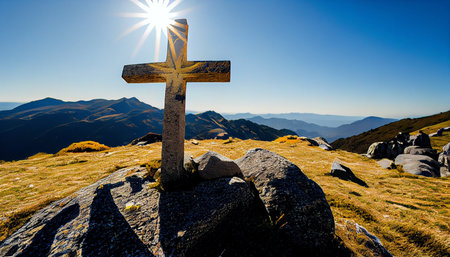 Cross on the top of a mountain in the rays of the sunの素材