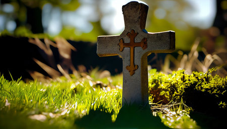 Old wooden cross on the grave with moss in the background. Selective focus.の素材